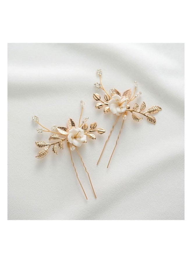 SWEETV 2Pcs Bridal Hair Accessoriesgold Wedding Hair Pins Pieces With White Flowers For Brides  - Image 1