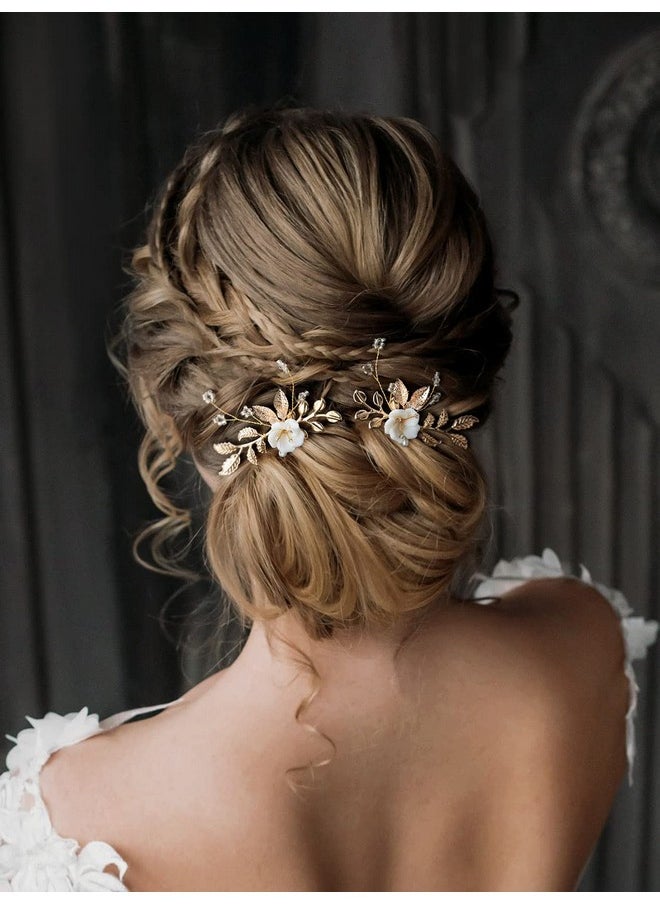 SWEETV 2Pcs Bridal Hair Accessoriesgold Wedding Hair Pins Pieces With White Flowers For Brides  - Image 2