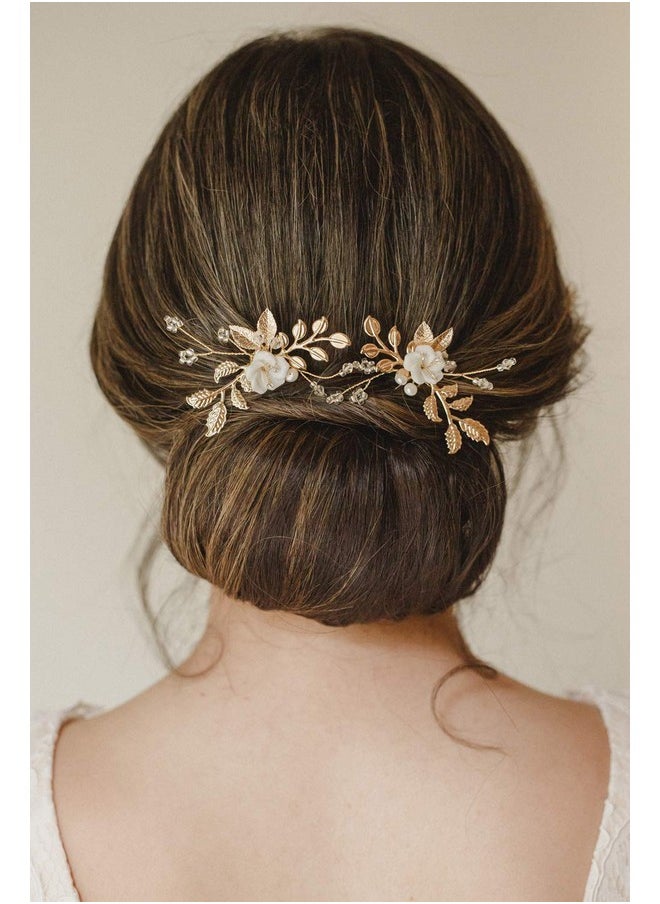 SWEETV 2Pcs Bridal Hair Accessoriesgold Wedding Hair Pins Pieces With White Flowers For Brides  - Image 4