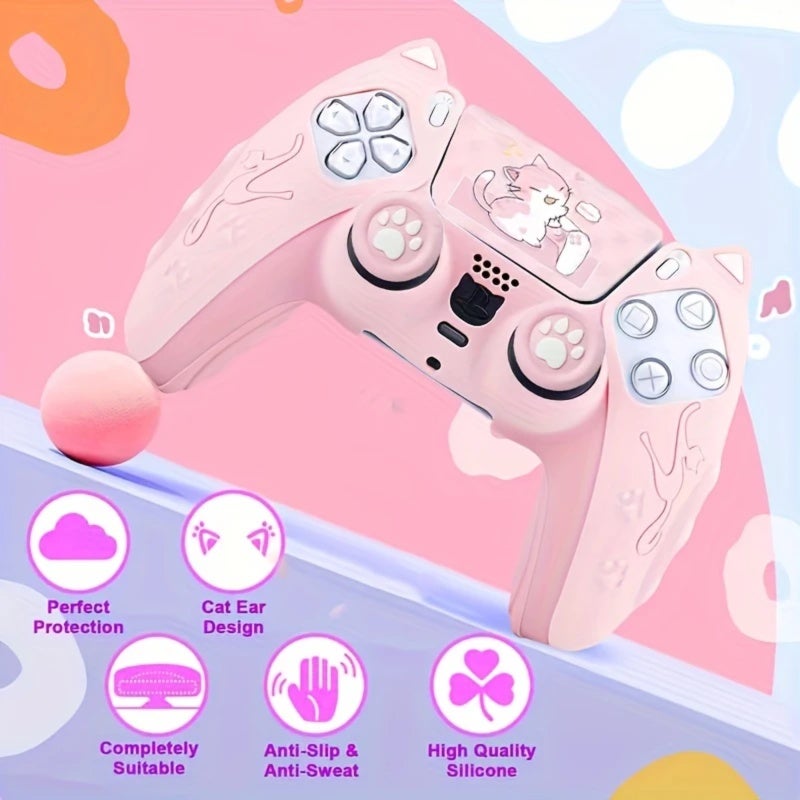 PS5 Controller Cover: Blue Silicone Cat-Themed Case - Anti-Slip Sweat-Resistant Soft Grip With Cat Paw Joystick Caps For PS5 Controllers Cat Lovers Gaming Sessions - Image 3