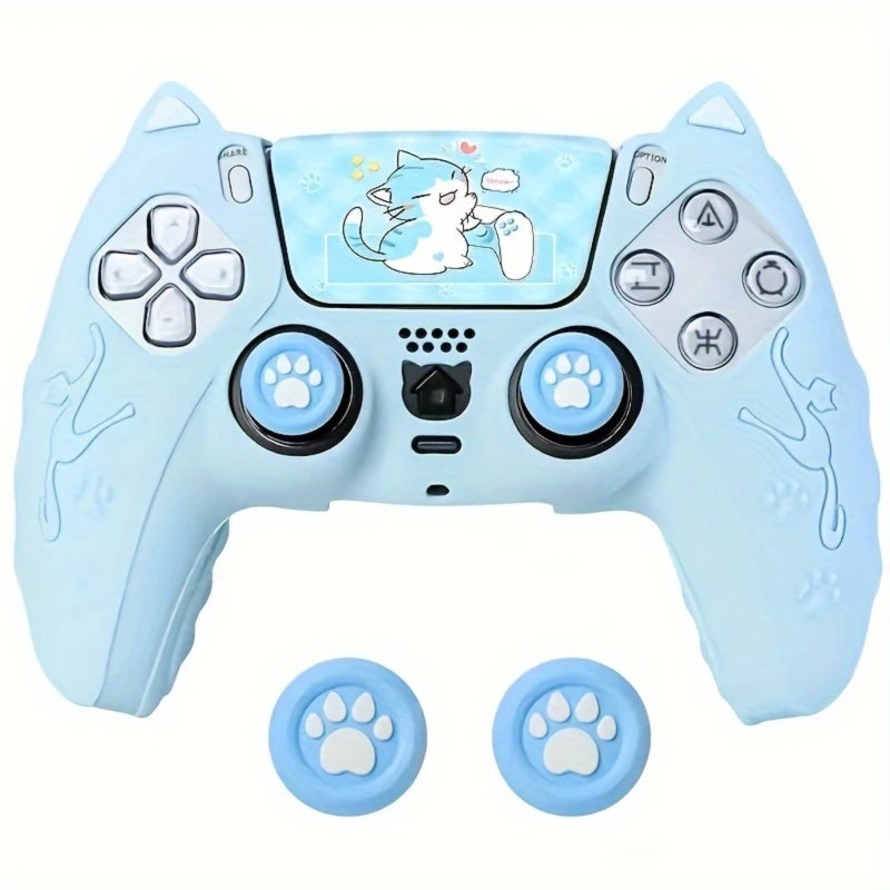 PS5 Controller Cover: Blue Silicone Cat-Themed Case - Anti-Slip Sweat-Resistant Soft Grip With Cat Paw Joystick Caps For PS5 Controllers Cat Lovers Gaming Sessions - Image 1