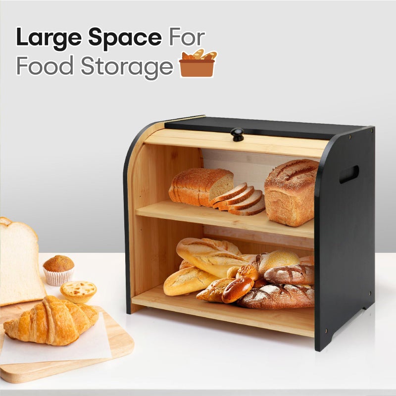 Thalomely Bread Box for Kitchen Countertop, Double Layer Bamboo Bread Storage Container for Homemade Bread, Roll Top Bread Box with 3 Adjustable Height for Kitchen Counter, Black Breadbox Organizer - Image 3