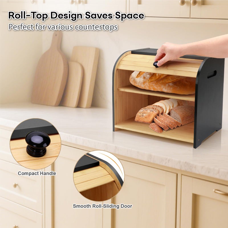 Thalomely Bread Box for Kitchen Countertop, Double Layer Bamboo Bread Storage Container for Homemade Bread, Roll Top Bread Box with 3 Adjustable Height for Kitchen Counter, Black Breadbox Organizer - Image 5