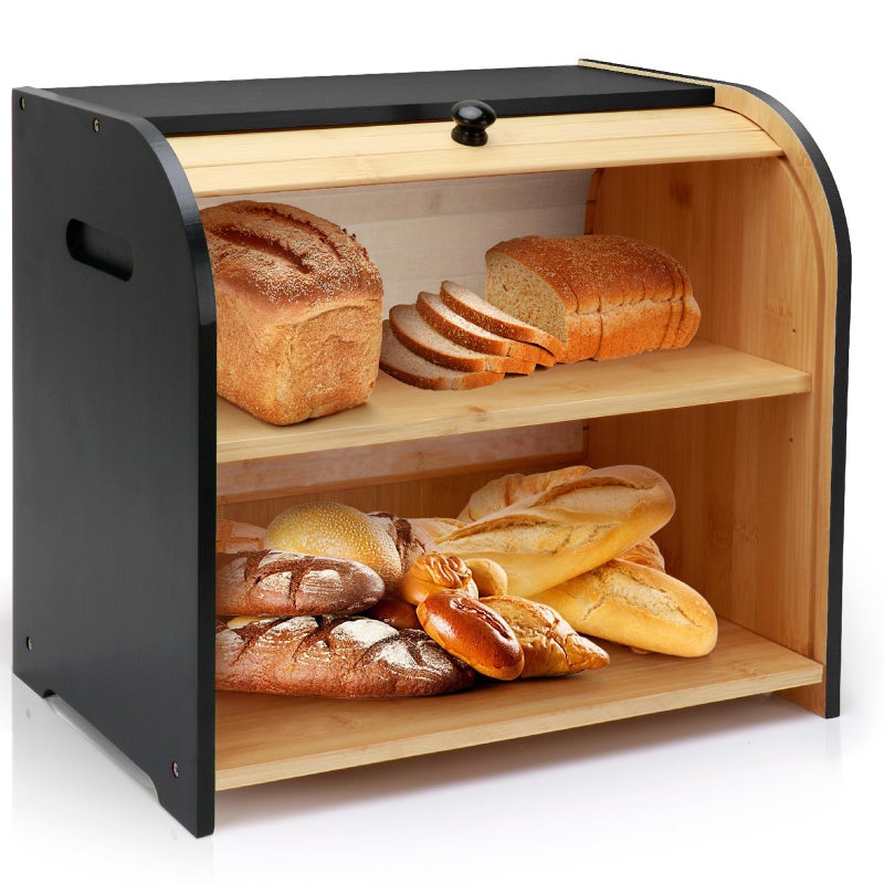 Thalomely Bread Box for Kitchen Countertop, Double Layer Bamboo Bread Storage Container for Homemade Bread, Roll Top Bread Box with 3 Adjustable Height for Kitchen Counter, Black Breadbox Organizer - Image 1