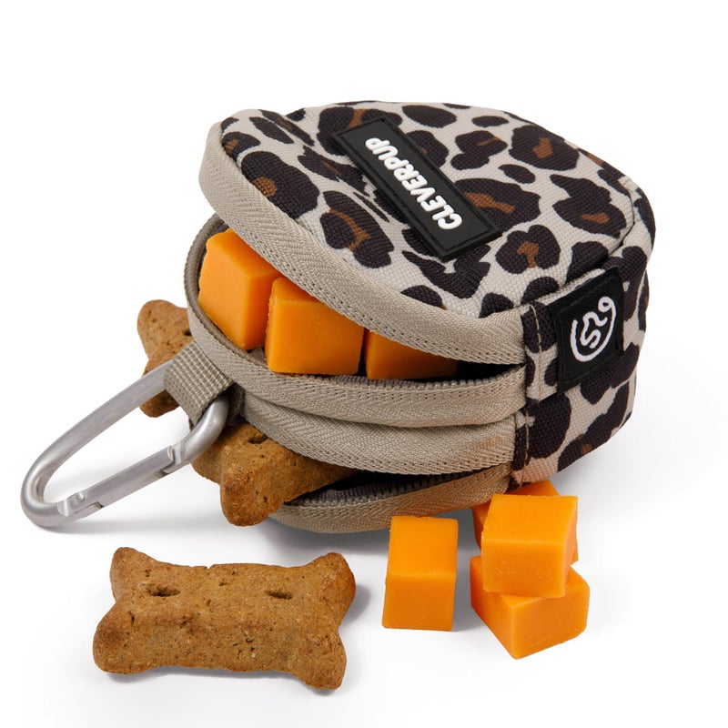 Cleverpup, Snackpack Double Insulated Dog Treat Pouch - Holds 1.5 Cups - Dog Training and Walks Snack Bag, Two Pockets for Dry or Wet Treats, Attaches to Leash, Belt, or Bag - Leopard - Image 1