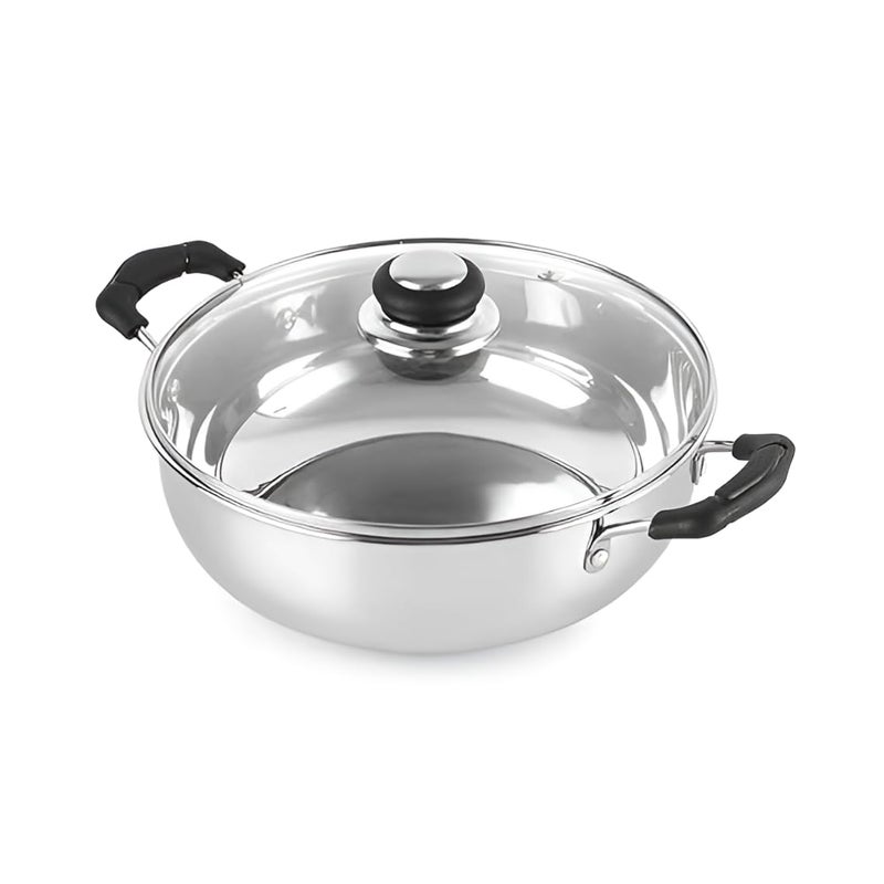 SHREESAMP SHREESAMP Round Cookig Pot 5 Litre Triply Stainless Steel Kadhai with Glass Lid, Induction Compatible Cooking Pot, Flat Bottom, Glass Lid, Gas Safe, Hot Plate Dishwasher Safe  - Image 1
