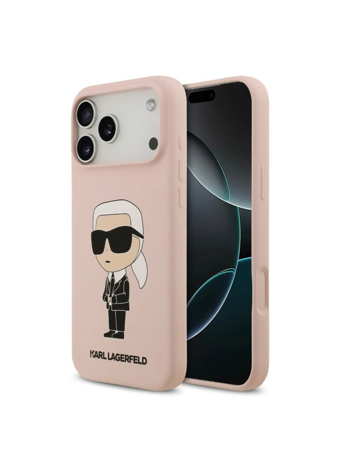 كارل لاغرفيلد جراب آيفون  برو  غطاء خلفي من السيليكون السائل بشعار   - وردي - Image 4