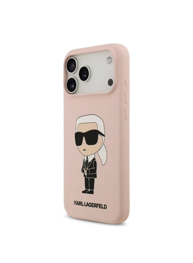 كارل لاغرفيلد جراب آيفون  برو  غطاء خلفي من السيليكون السائل بشعار   - وردي - Image 3