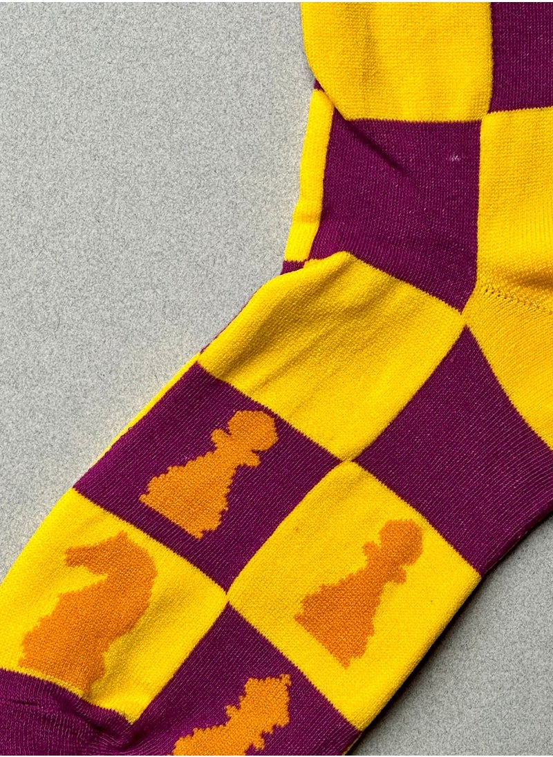 The Socks Hype - Chess Cotton Soft Funny Socks for Men Women | Purple Heel Toe Crew Socks with Yellow Chessboard Design | Unisex Novelty Dress Socks for Game Lovers - Image 1