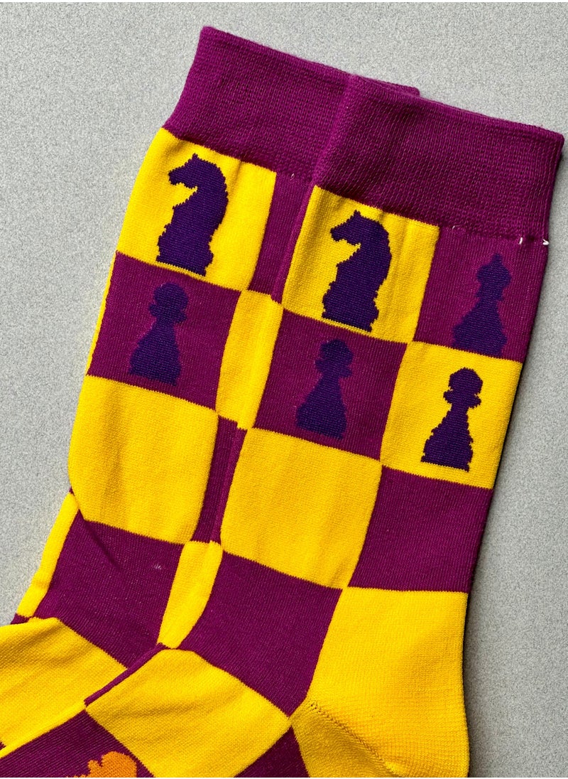 The Socks Hype - Chess Cotton Soft Funny Socks for Men Women | Purple Heel Toe Crew Socks with Yellow Chessboard Design | Unisex Novelty Dress Socks for Game Lovers - Image 1