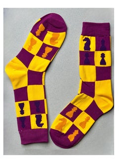 Chess Cotton Soft Funny Socks for Men Women | Purple Heel Toe Crew Socks with Yellow Chessboard Design | Unisex Novelty Dress Socks for Game Lovers