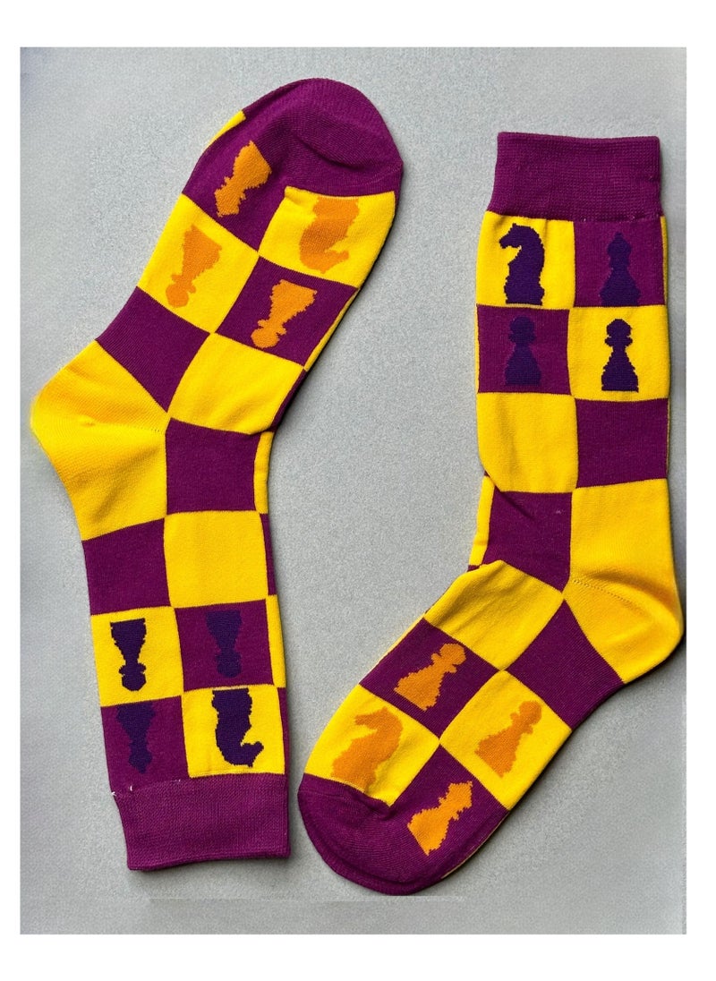 The Socks Hype - Chess Cotton Soft Funny Socks for Men Women | Purple Heel Toe Crew Socks with Yellow Chessboard Design | Unisex Novelty Dress Socks for Game Lovers - Image 1