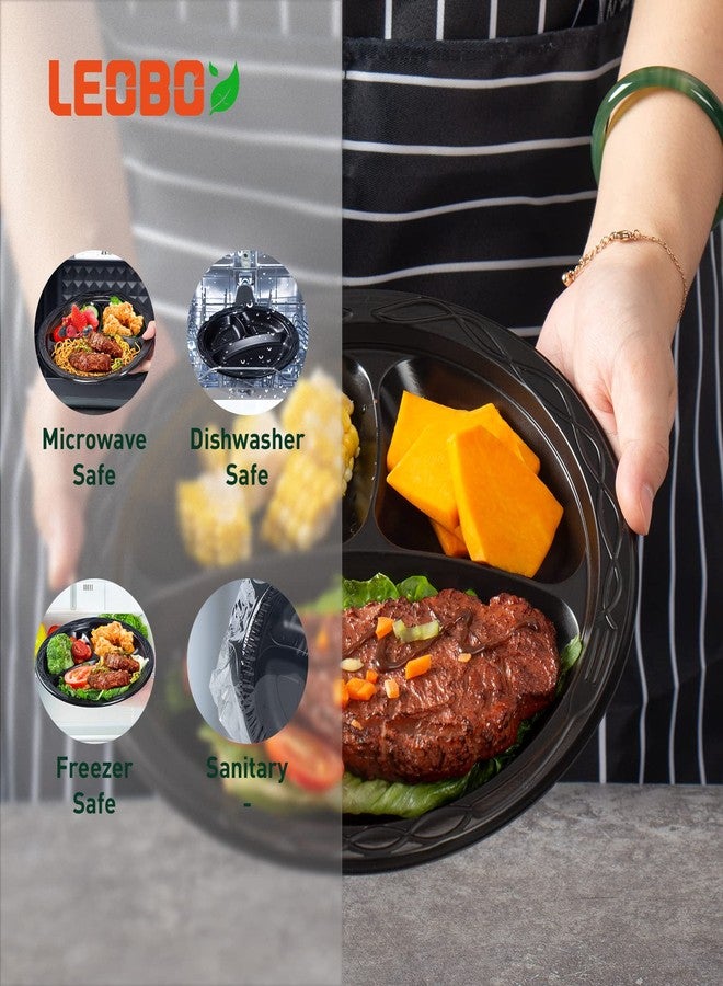LEOBOX Heavy-Duty Plates 9 Inch 150-Pack | 3-Compartment BPA-Free MFPP Reusable Trays | Shrink Wrap, Freezer-Safe & Microwave Safe for Family Gathering | Black - Image 4