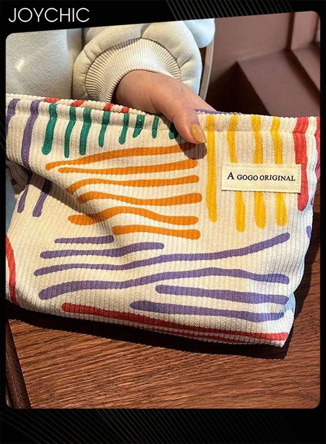 Joychic حقيبة مكياج نسائية من قماش الكوردuroy بخطوط ملونة، حقيبة تجميل محمولة للسفر للنساء والفتيات، حقيبة مكياج بسعة كبيرة، حقيبة للعناية بالبشرة ومنظم - Image 2