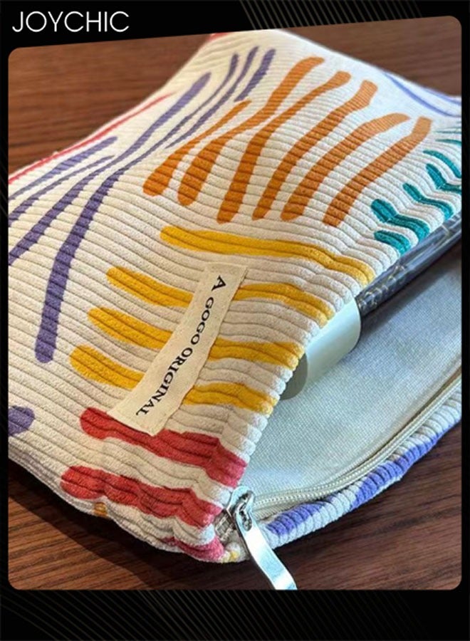 Joychic حقيبة مكياج نسائية من قماش الكوردuroy بخطوط ملونة، حقيبة تجميل محمولة للسفر للنساء والفتيات، حقيبة مكياج بسعة كبيرة، حقيبة للعناية بالبشرة ومنظم - Image 4