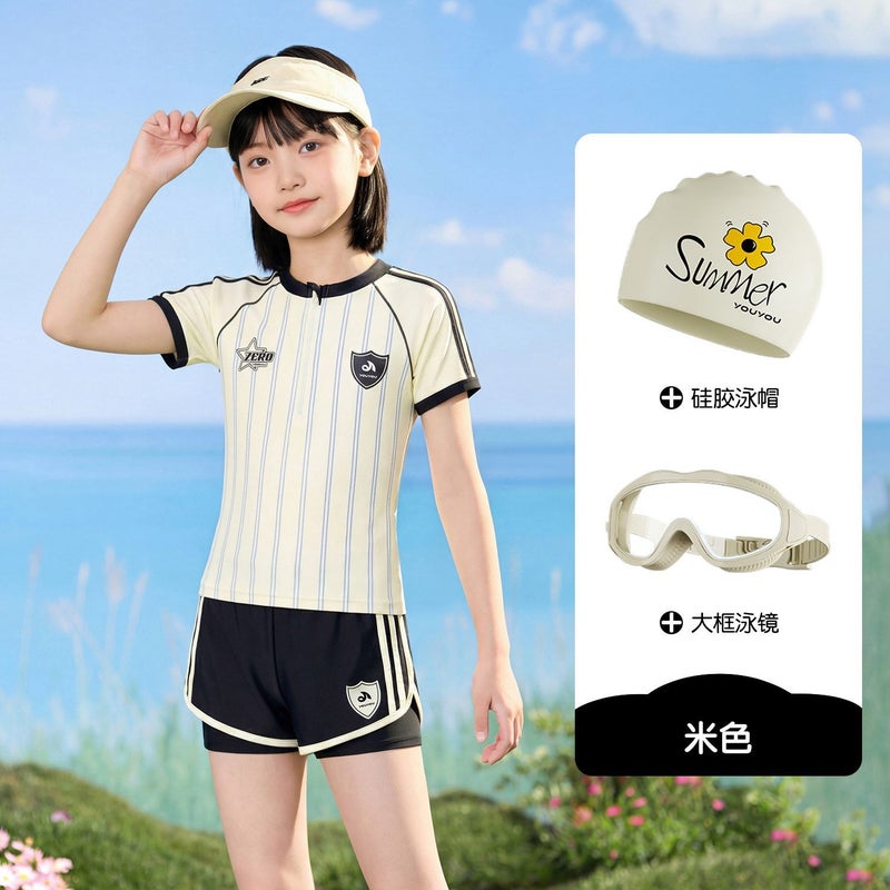 YouYou Girls' Two-Piece Swimsuit Striped Color-Block Campus Style 2026 New for Kids Swimwear