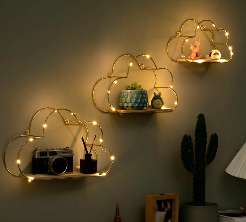 Niemro - Golden Cloud Shape Floating Shelves with LED Lights Wall Decor,Gold Metal Wire and Wood Base Wall Mounted Shelf Decorations for Home Bedroom Living Room - Set of 3 - Image 2