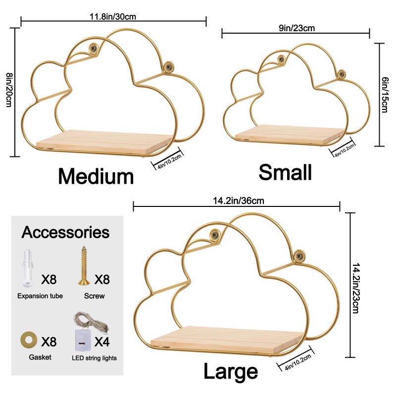 Niemro - Golden Cloud Shape Floating Shelves with LED Lights Wall Decor,Gold Metal Wire and Wood Base Wall Mounted Shelf Decorations for Home Bedroom Living Room - Set of 3 - Image 4