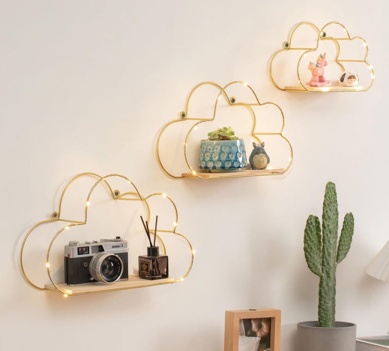Niemro - Golden Cloud Shape Floating Shelves with LED Lights Wall Decor,Gold Metal Wire and Wood Base Wall Mounted Shelf Decorations for Home Bedroom Living Room - Set of 3 - Image 1