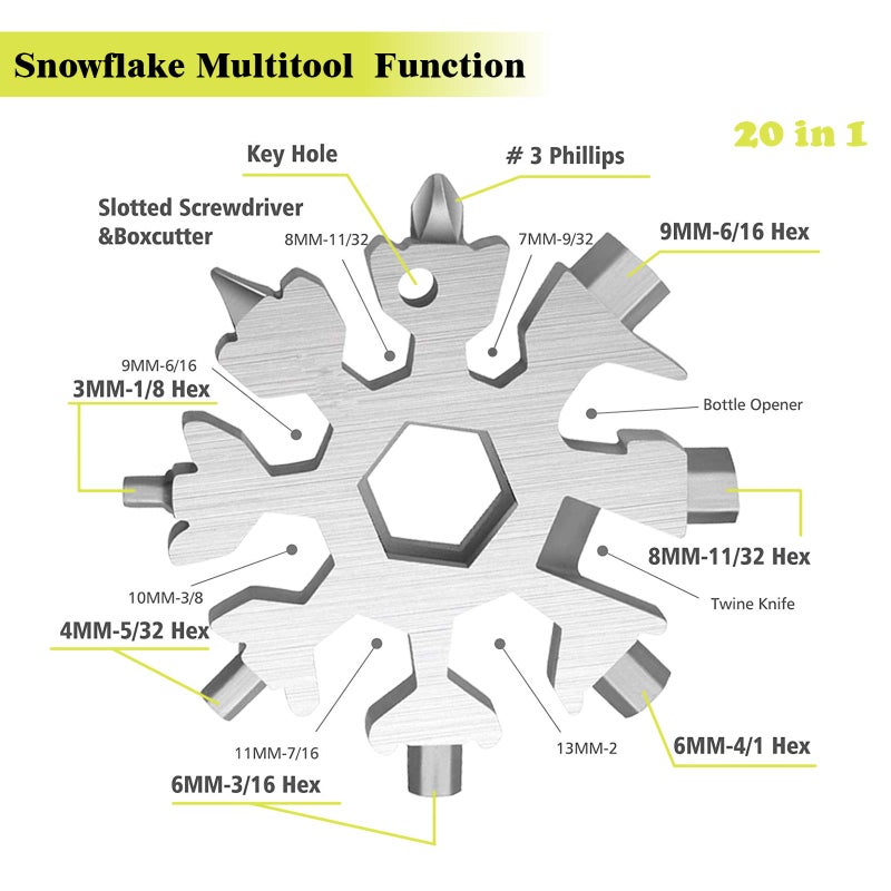 20 in 1 Snowflake Multitool with Keychain, Screwdriver/Gadget/Wrench/Opener/Hand Tools, Outdoor Camping Travel Portable Stainless Steel Tech Gift for Men,Women& Boys (Silver & Black) (Silver) - Image 3