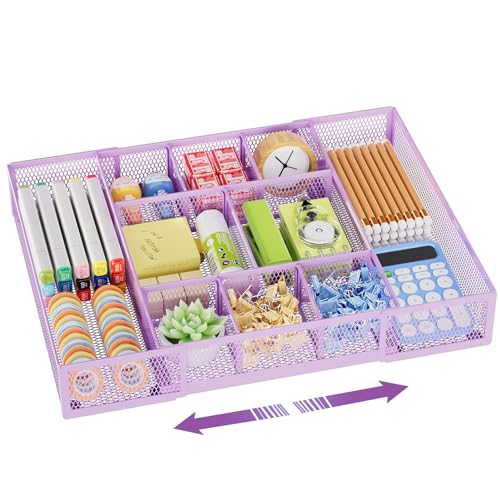 Marbrasse Expandable Desk Drawer Organizer Mesh Drawer Organizer Tray with 10 Adjustable Compartments Desk Organizers and Accessories for Office Supplies Makeup Vanity ExpandablePurple - Image 1