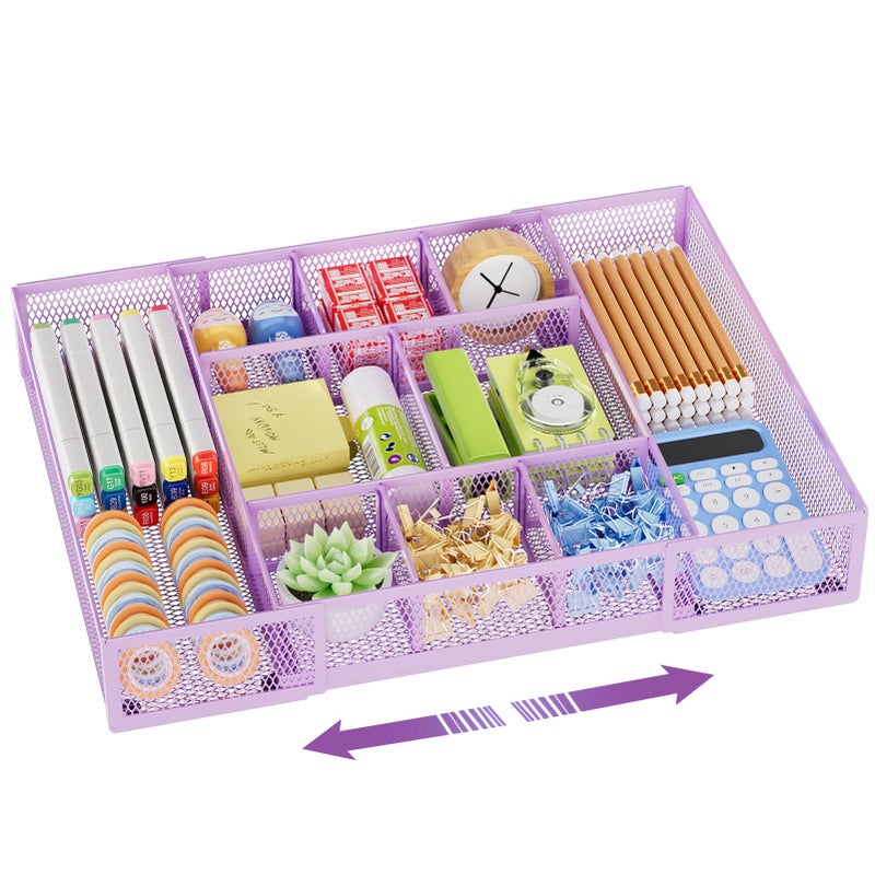 Marbrasse Expandable Desk Drawer Organizer Mesh Drawer Organizer Tray with 10 Adjustable Compartments Desk Organizers and Accessories for Office Supplies Makeup Vanity ExpandablePurple - Image 2