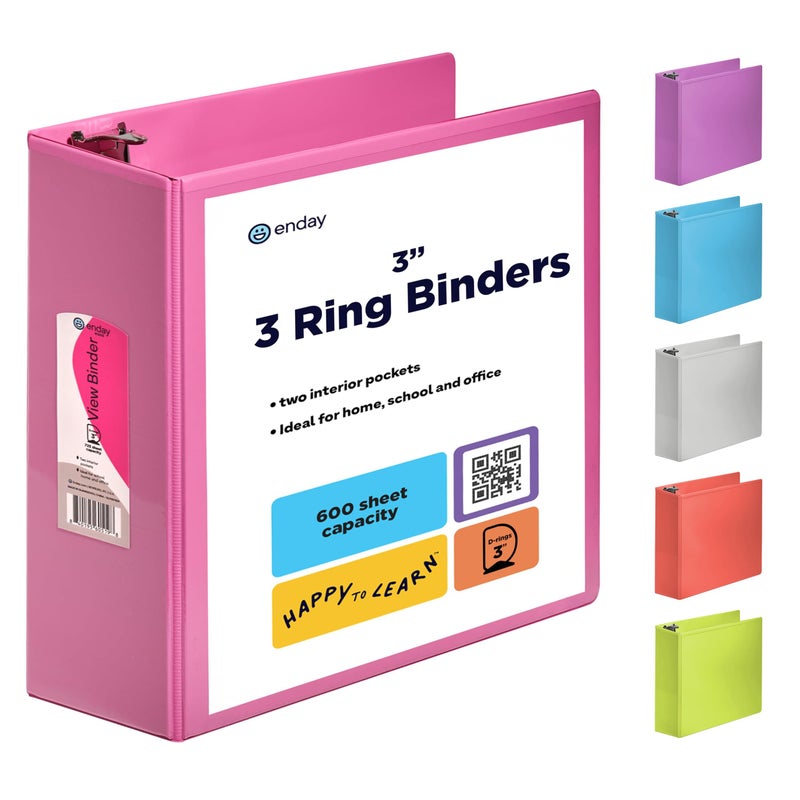 Enday 3 Inch 3 Ring Binder Pink, Slant D-Ring 3â€ Clear View Cover with 2 Inside Pockets, Heavy Duty Colored School Supplies Office and Home Binders â€“ by Enday - Image 1