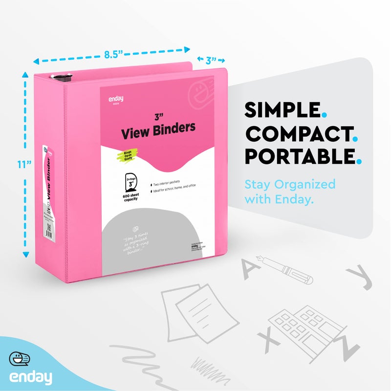 Enday 3 Inch 3 Ring Binder Pink, Slant D-Ring 3â€ Clear View Cover with 2 Inside Pockets, Heavy Duty Colored School Supplies Office and Home Binders â€“ by Enday - Image 4