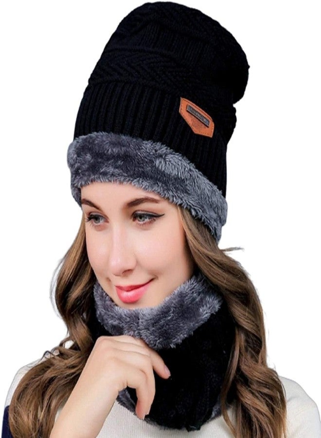 NESVIB Women's Snow Proof, Inside Fur, Warm Woolen Cap with Neck Muffler/Neck Warmer/Scarf for Winters - Free Size, Pack of 2 (Black) - Image 3