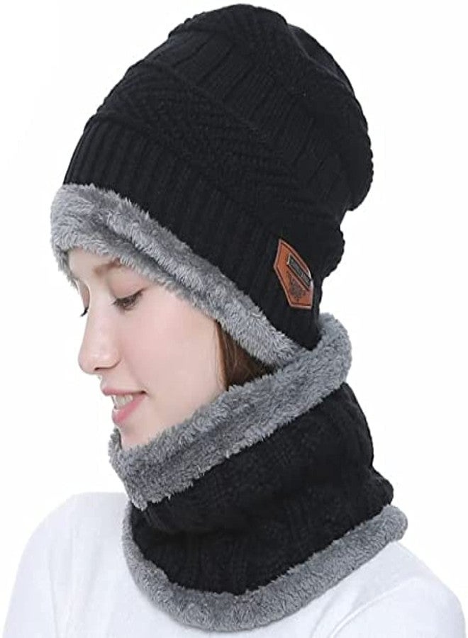 NESVIB Women's Snow Proof, Inside Fur, Warm Woolen Cap with Neck Muffler/Neck Warmer/Scarf for Winters - Free Size, Pack of 2 (Black) - Image 4