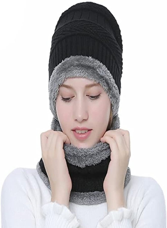 NESVIB Women's Snow Proof, Inside Fur, Warm Woolen Cap with Neck Muffler/Neck Warmer/Scarf for Winters - Free Size, Pack of 2 (Black) - Image 1
