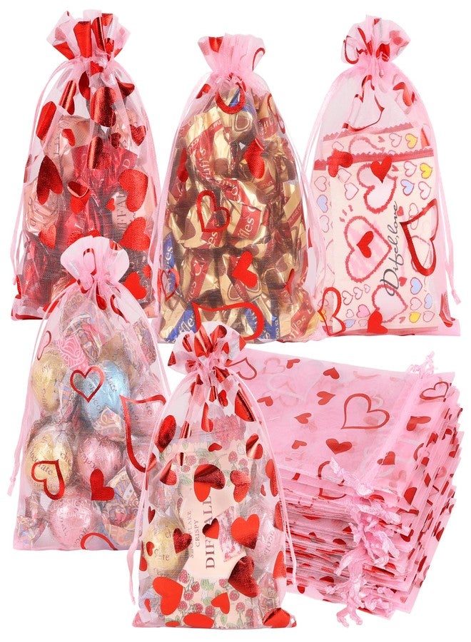 HRX Package 50pcs Organza Bags Heart Pattern, 4x6 inch Small Valentine Gift Bags Mesh Candy Jewelry Pouches - Image 1