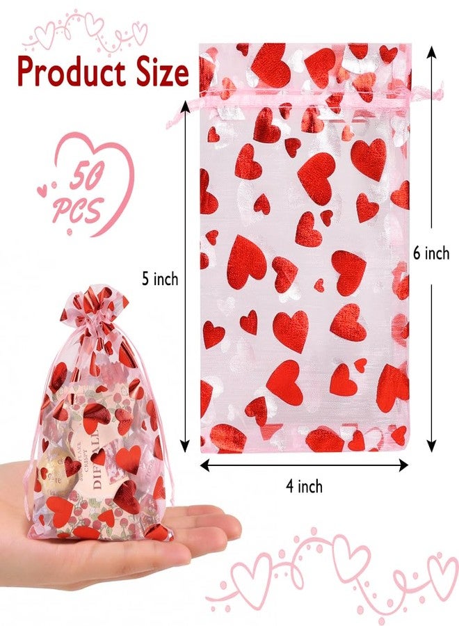 HRX Package 50pcs Organza Bags Heart Pattern, 4x6 inch Small Valentine Gift Bags Mesh Candy Jewelry Pouches - Image 4
