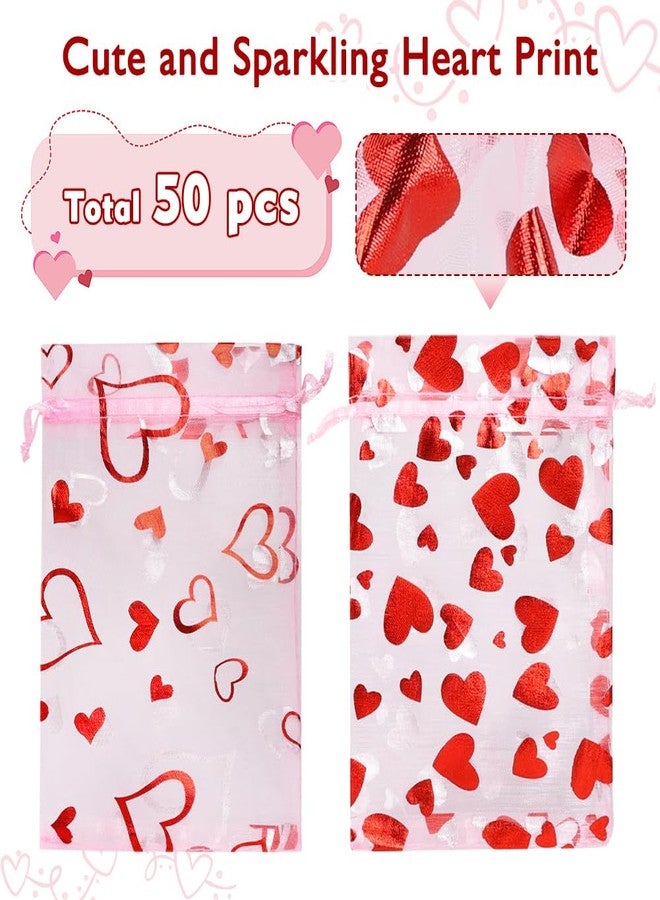 HRX Package 50pcs Organza Bags Heart Pattern, 4x6 inch Small Valentine Gift Bags Mesh Candy Jewelry Pouches - Image 2