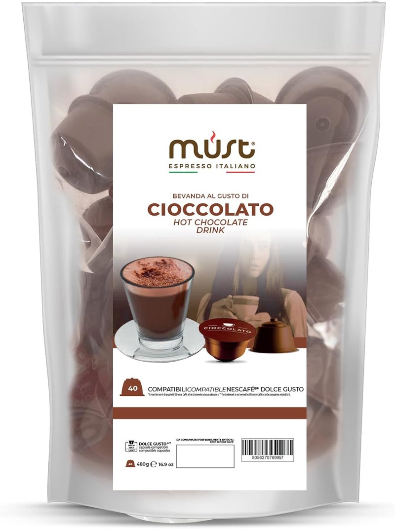 MUST 40 Capsules, Soluble Chocolate Self Protected in 100% Recyclable Plastic, CHOCOLATE blend Pack of 40 Capsules Compatible with Dolce Gusto Machine, Made in Italy