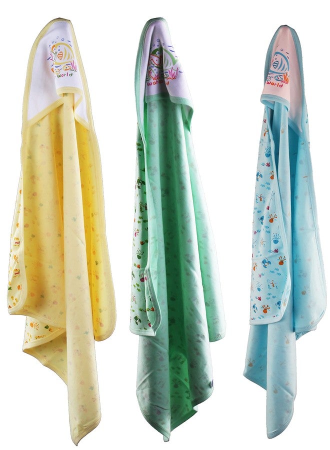 Favism Pure Cotton Soft Breathable New Born Baby Bath Towel with Hood Pack of 3 pcs, Lemon Green Blue, Size 30 x 30 inch, 0-24 Months, Unisex - Image 1