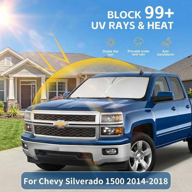 AuyNeas Windshield Sun Shade for Chevy/Chevrolet Silverado 1500 Accessories 2014-2018 Front Window Shade Custom Fit Silverado 1500 Sun Visor Foldable Shade Blocks UV Rays Summer Must Have Car Accessories - Image 2