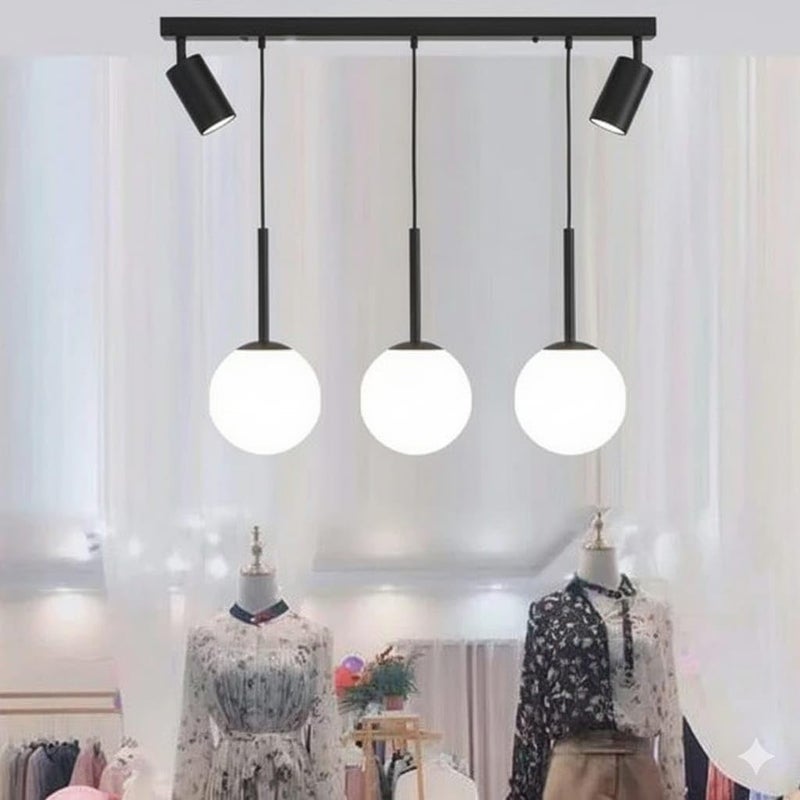 Modern Globe Pendant Light Fixture, Metal Track Bar with White Glass Spheres, Contemporary Ceiling Lighting, 3 lights (warm-white-mix) (Black)