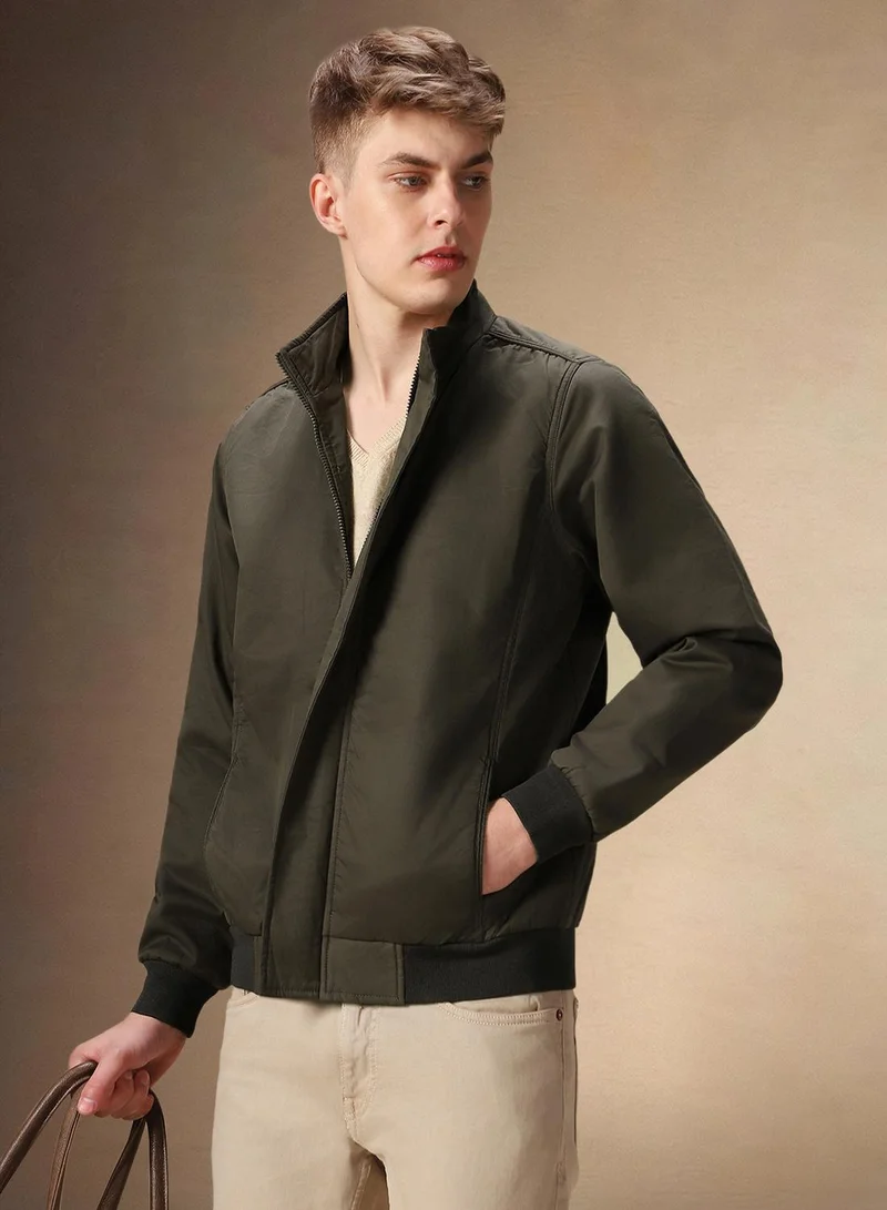Dennis Lingo Men's Olive 100% Polyester Solid Regular Fit Jacket