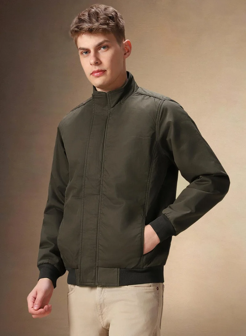 Dennis Lingo Men's Olive 100% Polyester Solid Regular Fit Jacket