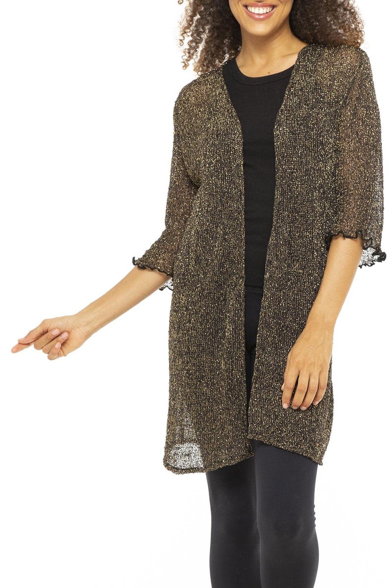 Back From Bali Womens Metallic Sheer Long Cardigan Open Front Shrug Lite Kimono Sweater Lightweight Knit Black Gold - Image 1