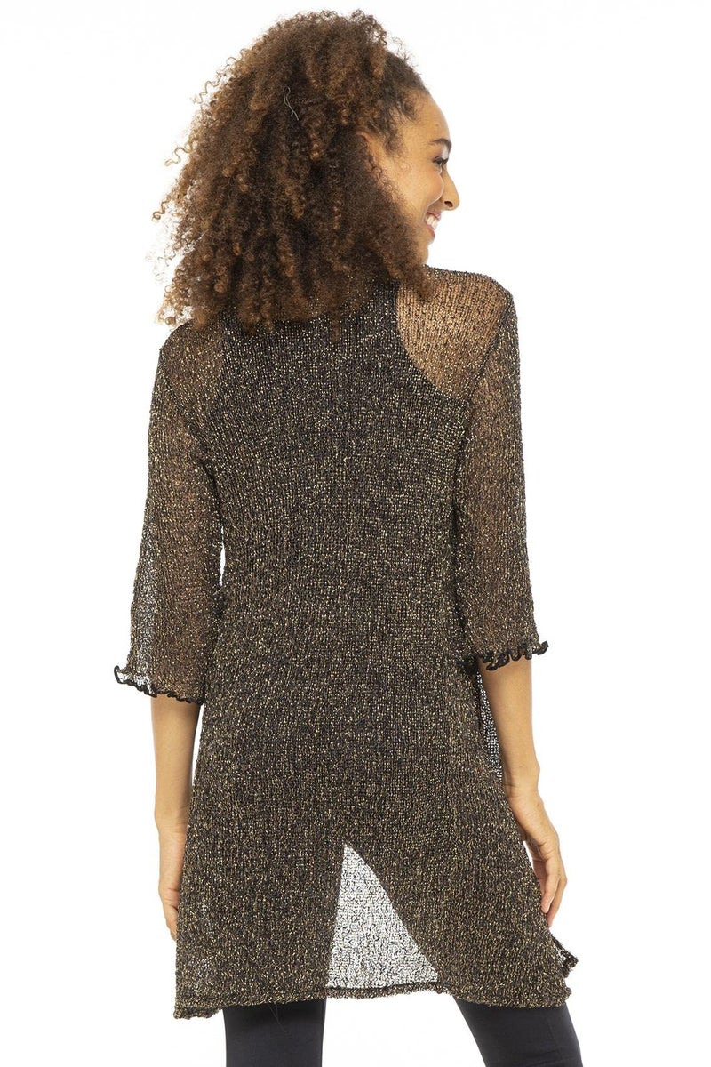 Back From Bali Womens Metallic Sheer Long Cardigan Open Front Shrug Lite Kimono Sweater Lightweight Knit Black Gold - Image 2