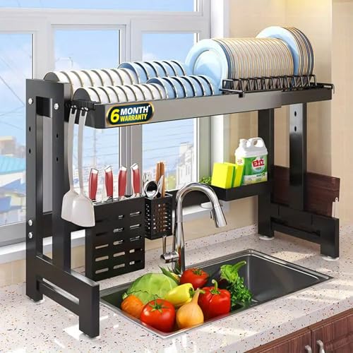 IBELL DR193SM Dish Rack for Kitchen, Adjustable Length Bartan Stand for Drying, Carbon Steel, Kitchen Organizer/Drainer Shelf/Knife Rack/Cutting Board & Sponge Basket/Utensils Storage (Black) - Image 1