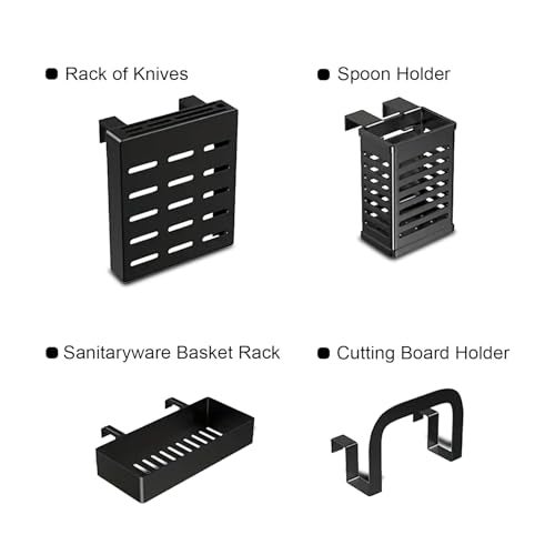 IBELL DR193SM Dish Rack for Kitchen, Adjustable Length Bartan Stand for Drying, Carbon Steel, Kitchen Organizer/Drainer Shelf/Knife Rack/Cutting Board & Sponge Basket/Utensils Storage (Black) - Image 2