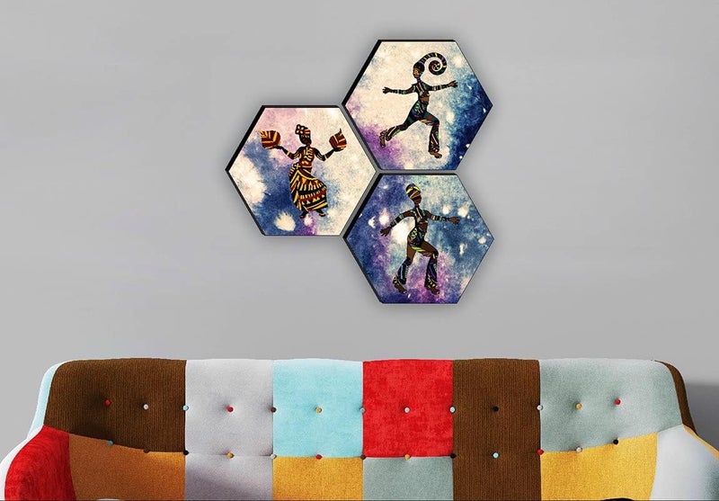 SAF Set of 3 Hexagon Modern Art Dancing MDF Board UV Textured Painting 17 Inch X 17 Inch SANFHXS30543 - Image 2