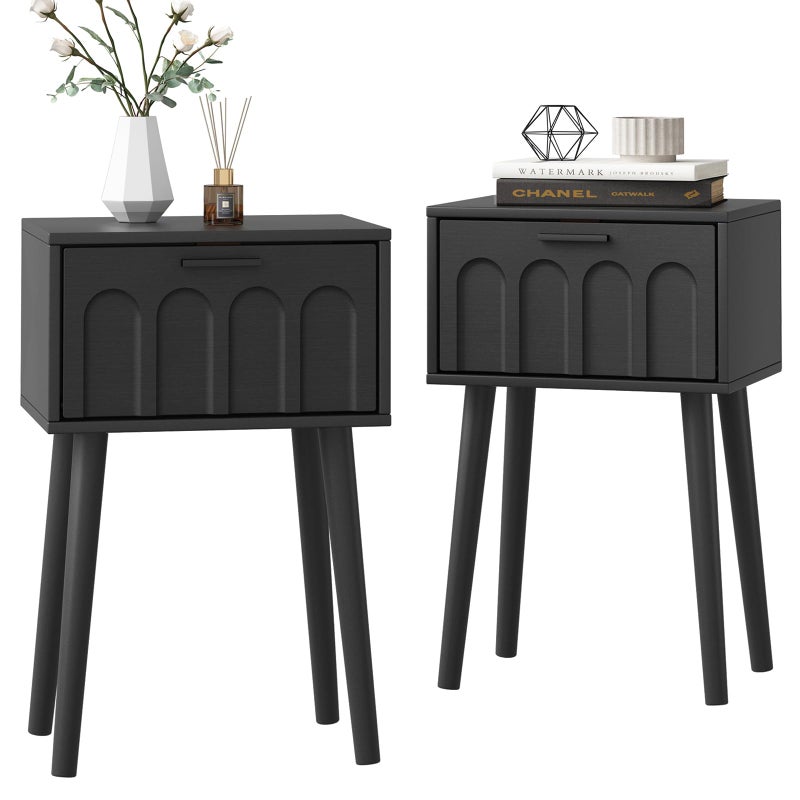 LAATOOREE Nightstand Set of 2, Small Bed Side Table with Arch Door, Mid-Century End Table with Wood Legs for Bedroom, Small Space (Black) - Image 1