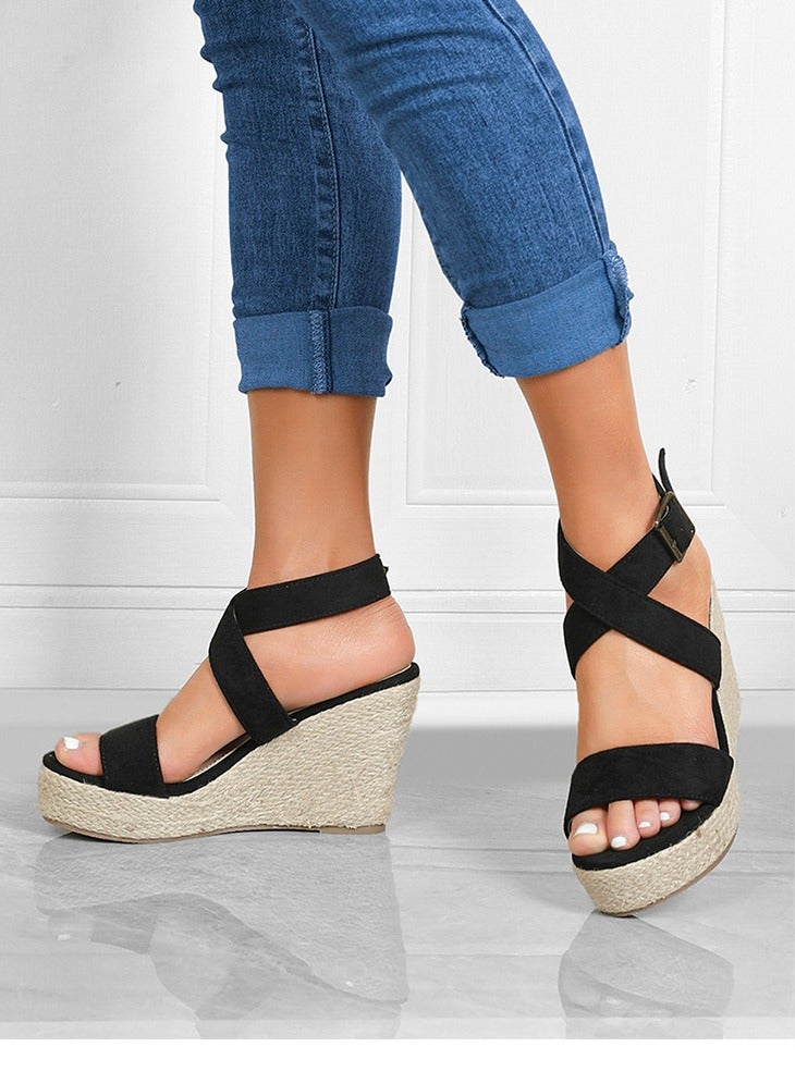 Loquat Summer High Heels With Open-Toed Wedge Sandals Black  - Image 2