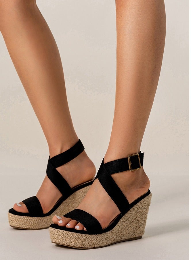 Loquat Summer High Heels With Open-Toed Wedge Sandals Black  - Image 1