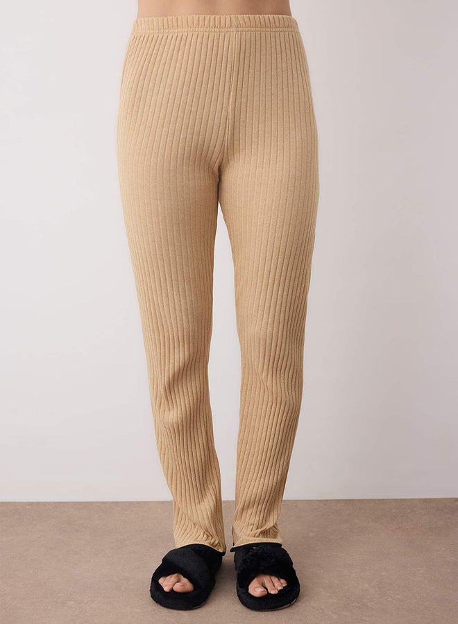 trendyol Beige Ruffle Ribbon/Bow Ribbed Knitted Pajama Set THMAW25PT00217 - Image 3