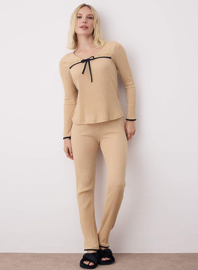 trendyol Beige Ruffle Ribbon/Bow Ribbed Knitted Pajama Set THMAW25PT00217 - Image 2